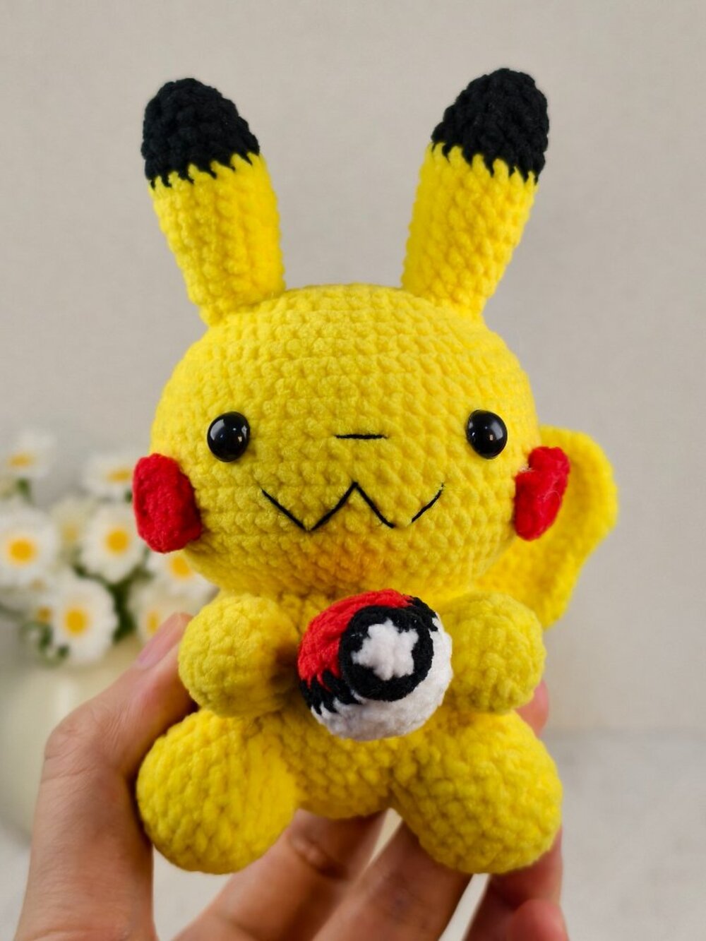 Handmade Amigurumi Crochet Pokémon Pikachu Holding A Ball Plushie